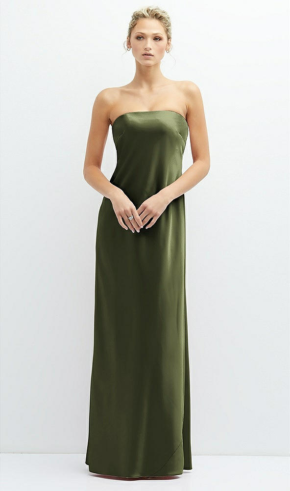 Front View - Olive Green Strapless Maxi Bias Column Dress with Peek-a-Boo Corset Back
