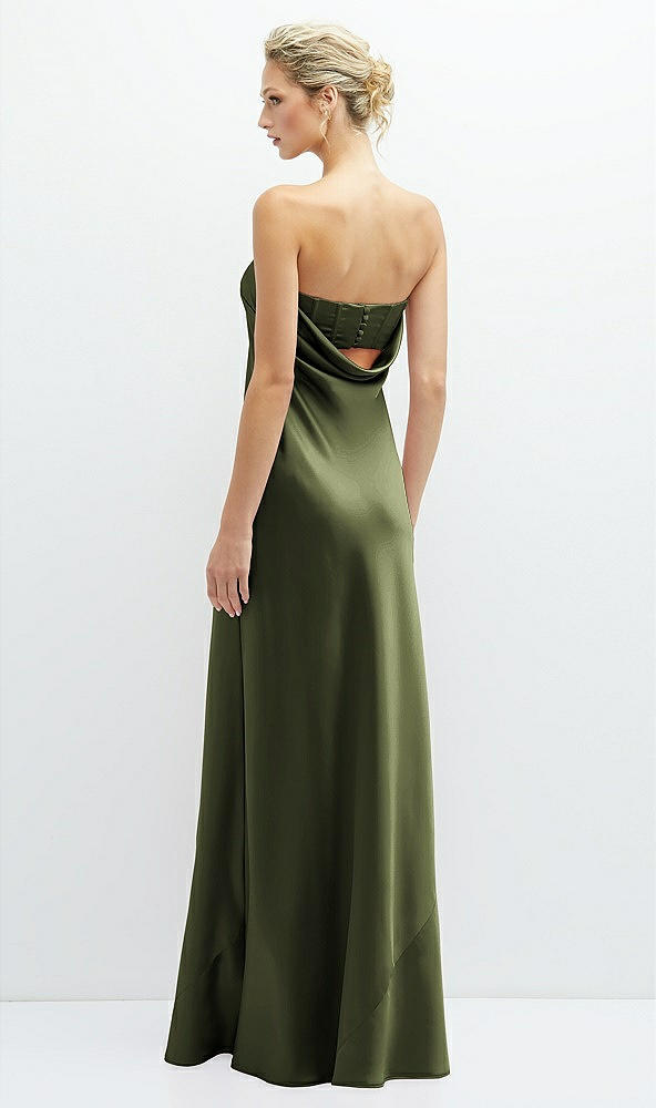 Back View - Olive Green Strapless Maxi Bias Column Dress with Peek-a-Boo Corset Back