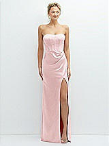 Front View Thumbnail - Ballet Pink Strapless Topstitched Corset Satin Maxi Dress with Draped Column Skirt
