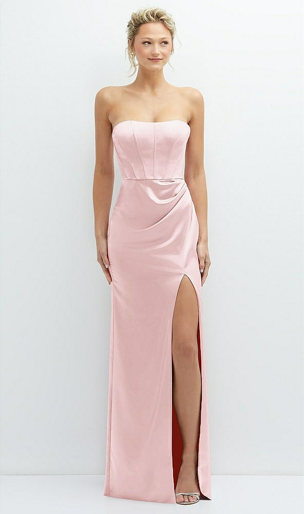 Front View - Ballet Pink Strapless Topstitched Corset Satin Maxi Dress with Draped Column Skirt