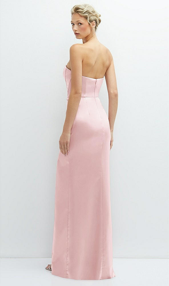 Back View - Ballet Pink Strapless Topstitched Corset Satin Maxi Dress with Draped Column Skirt