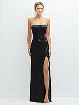 Front View Thumbnail - Black Strapless Topstitched Corset Satin Maxi Dress with Draped Column Skirt