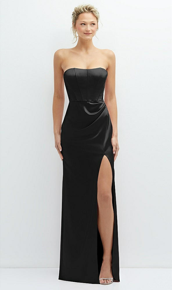 Front View - Black Strapless Topstitched Corset Satin Maxi Dress with Draped Column Skirt