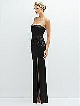 Side View Thumbnail - Black Strapless Topstitched Corset Satin Maxi Dress with Draped Column Skirt