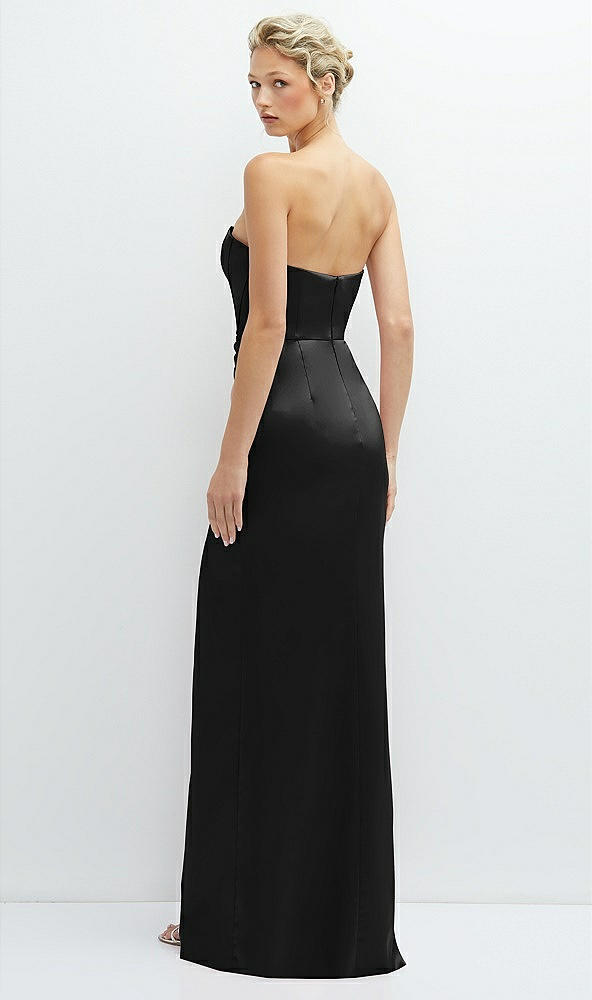 Back View - Black Strapless Topstitched Corset Satin Maxi Dress with Draped Column Skirt