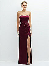 Front View Thumbnail - Cabernet Strapless Topstitched Corset Satin Maxi Dress with Draped Column Skirt