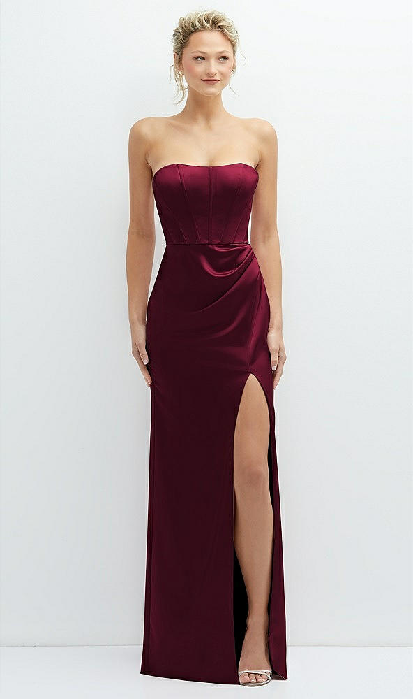 Front View - Cabernet Strapless Topstitched Corset Satin Maxi Dress with Draped Column Skirt
