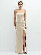 Front View Thumbnail - Champagne Strapless Topstitched Corset Satin Maxi Dress with Draped Column Skirt