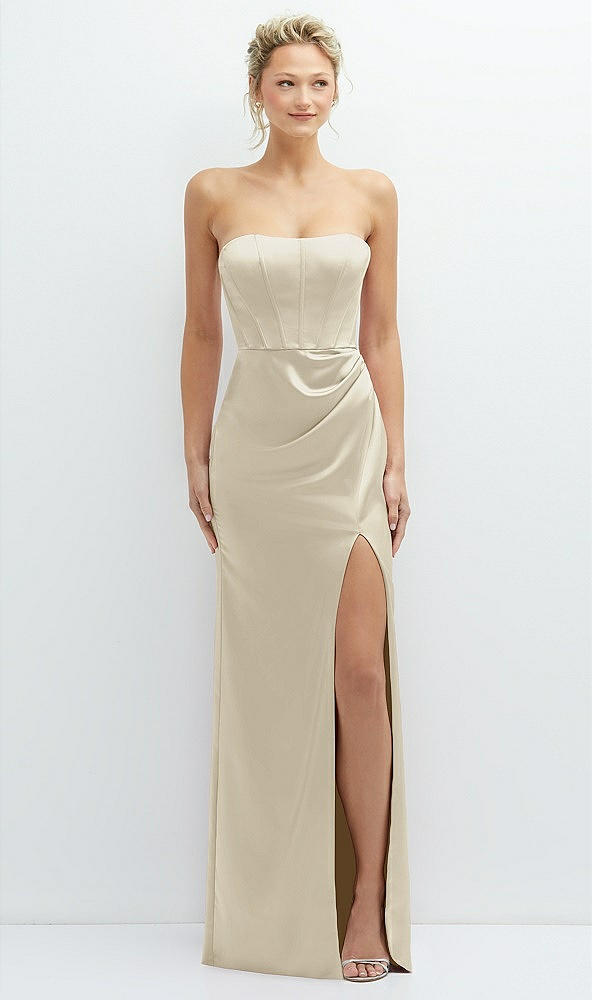 Front View - Champagne Strapless Topstitched Corset Satin Maxi Dress with Draped Column Skirt