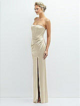 Side View Thumbnail - Champagne Strapless Topstitched Corset Satin Maxi Dress with Draped Column Skirt