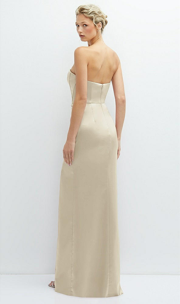 Back View - Champagne Strapless Topstitched Corset Satin Maxi Dress with Draped Column Skirt