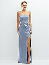 Front View Thumbnail - Cloudy Strapless Topstitched Corset Satin Maxi Dress with Draped Column Skirt