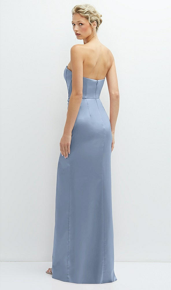 Back View - Cloudy Strapless Topstitched Corset Satin Maxi Dress with Draped Column Skirt