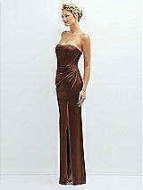 Side View Thumbnail - Cognac Strapless Topstitched Corset Satin Maxi Dress with Draped Column Skirt