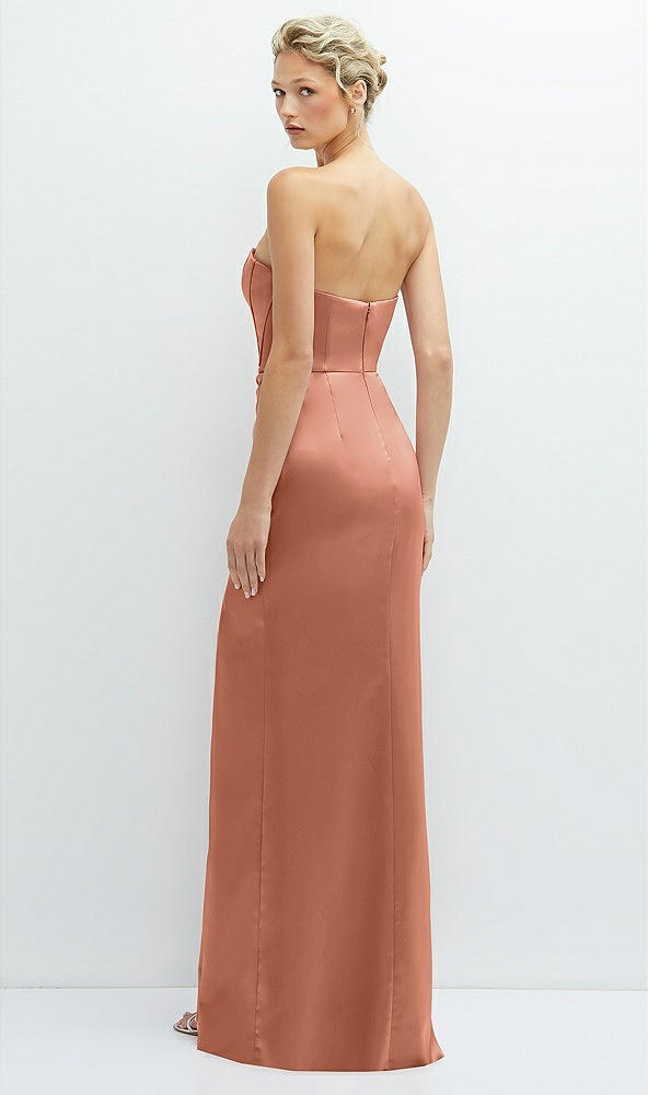 Back View - Copper Penny Strapless Topstitched Corset Satin Maxi Dress with Draped Column Skirt