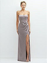 Front View Thumbnail - Cashmere Gray Strapless Topstitched Corset Satin Maxi Dress with Draped Column Skirt