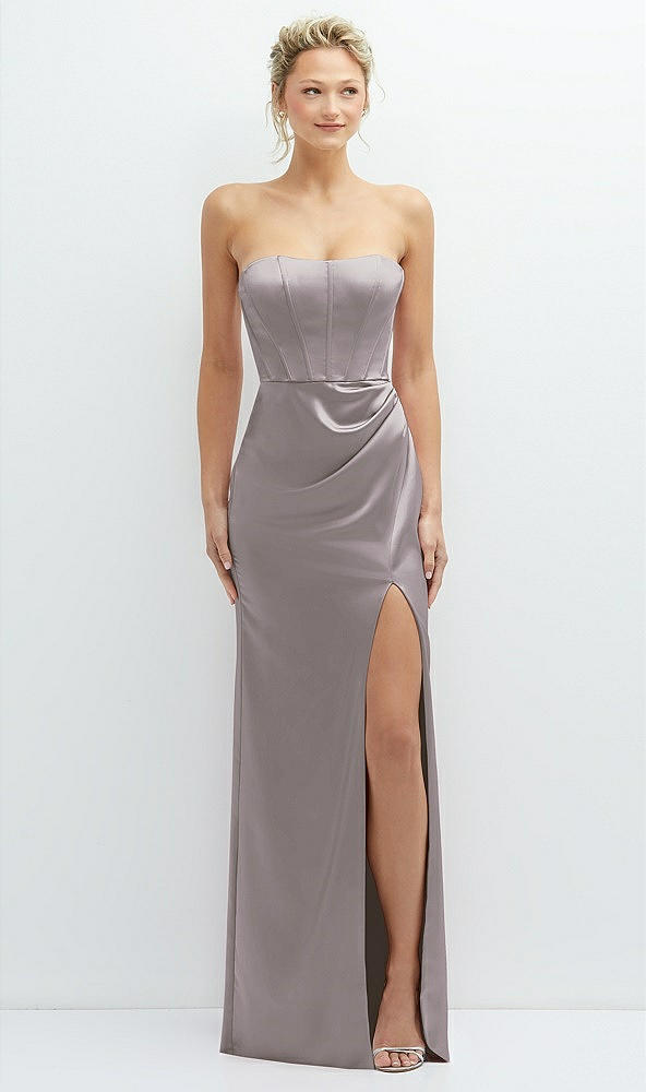 Front View - Cashmere Gray Strapless Topstitched Corset Satin Maxi Dress with Draped Column Skirt