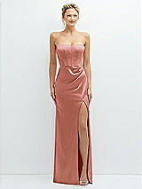 Front View Thumbnail - Desert Rose Strapless Topstitched Corset Satin Maxi Dress with Draped Column Skirt