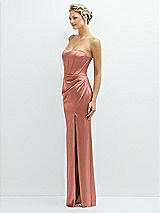Side View Thumbnail - Desert Rose Strapless Topstitched Corset Satin Maxi Dress with Draped Column Skirt