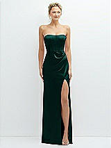 Front View Thumbnail - Evergreen Strapless Topstitched Corset Satin Maxi Dress with Draped Column Skirt