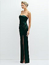 Side View Thumbnail - Evergreen Strapless Topstitched Corset Satin Maxi Dress with Draped Column Skirt