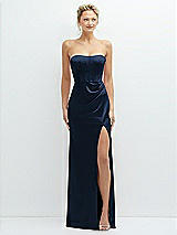 Front View Thumbnail - Midnight Navy Strapless Topstitched Corset Satin Maxi Dress with Draped Column Skirt