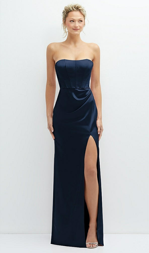 Front View - Midnight Navy Strapless Topstitched Corset Satin Maxi Dress with Draped Column Skirt