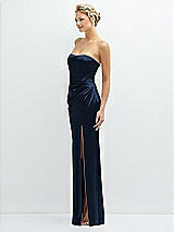 Side View Thumbnail - Midnight Navy Strapless Topstitched Corset Satin Maxi Dress with Draped Column Skirt