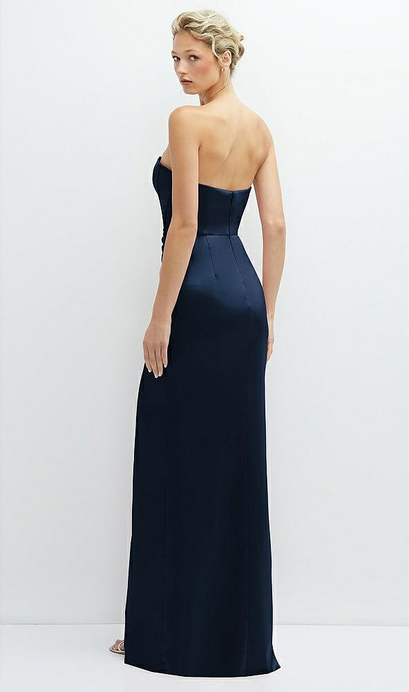 Back View - Midnight Navy Strapless Topstitched Corset Satin Maxi Dress with Draped Column Skirt