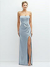Front View Thumbnail - Mist Strapless Topstitched Corset Satin Maxi Dress with Draped Column Skirt
