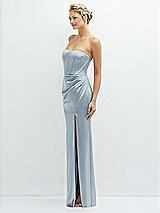 Side View Thumbnail - Mist Strapless Topstitched Corset Satin Maxi Dress with Draped Column Skirt