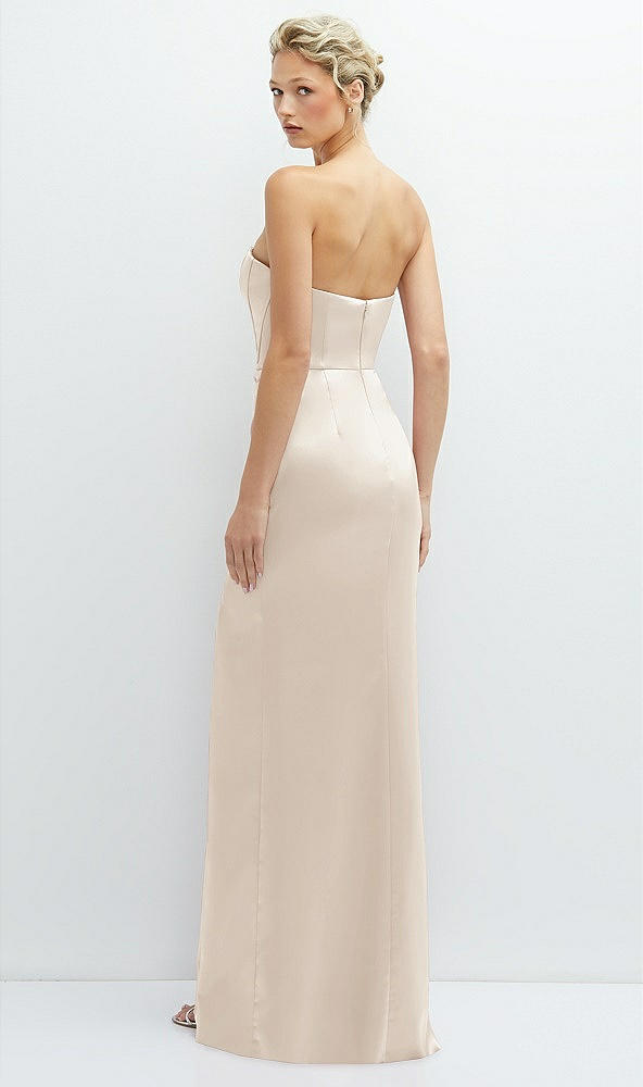 Back View - Oat Strapless Topstitched Corset Satin Maxi Dress with Draped Column Skirt