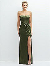 Front View Thumbnail - Olive Green Strapless Topstitched Corset Satin Maxi Dress with Draped Column Skirt