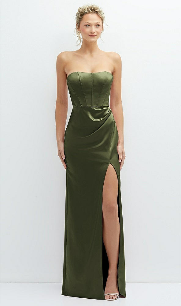 Front View - Olive Green Strapless Topstitched Corset Satin Maxi Dress with Draped Column Skirt