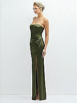Side View Thumbnail - Olive Green Strapless Topstitched Corset Satin Maxi Dress with Draped Column Skirt