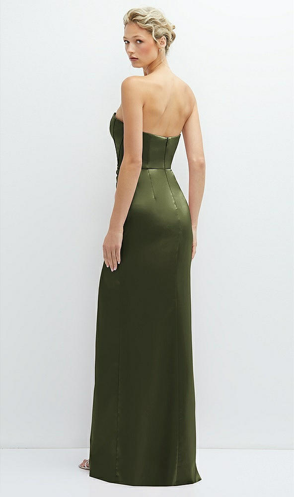 Back View - Olive Green Strapless Topstitched Corset Satin Maxi Dress with Draped Column Skirt