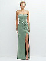 Front View Thumbnail - Seagrass Strapless Topstitched Corset Satin Maxi Dress with Draped Column Skirt
