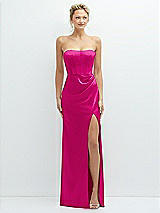 Front View Thumbnail - Think Pink Strapless Topstitched Corset Satin Maxi Dress with Draped Column Skirt