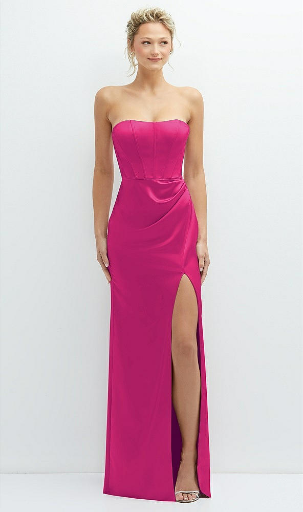 Front View - Think Pink Strapless Topstitched Corset Satin Maxi Dress with Draped Column Skirt