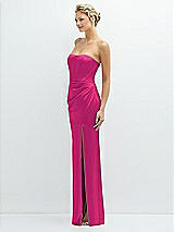 Side View Thumbnail - Think Pink Strapless Topstitched Corset Satin Maxi Dress with Draped Column Skirt