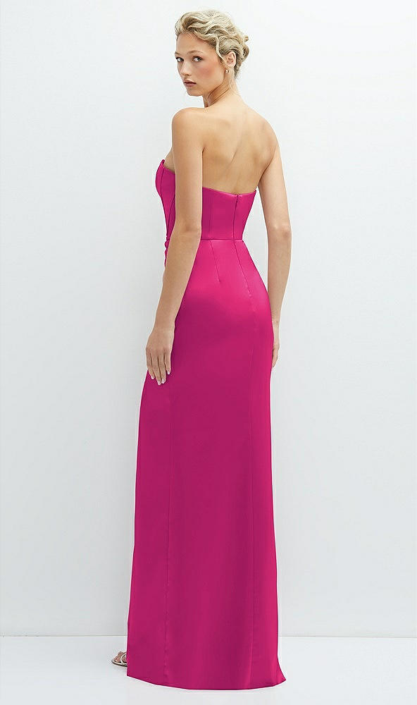 Back View - Think Pink Strapless Topstitched Corset Satin Maxi Dress with Draped Column Skirt