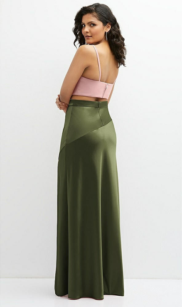 Back View - Olive Green Satin Mix-and-Match High Waist Seamed Bias Skirt
