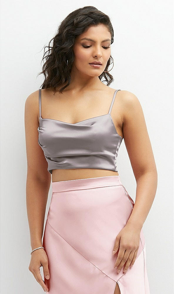 Front View - Cashmere Gray Satin Mix-and-Match Draped Midriff Top