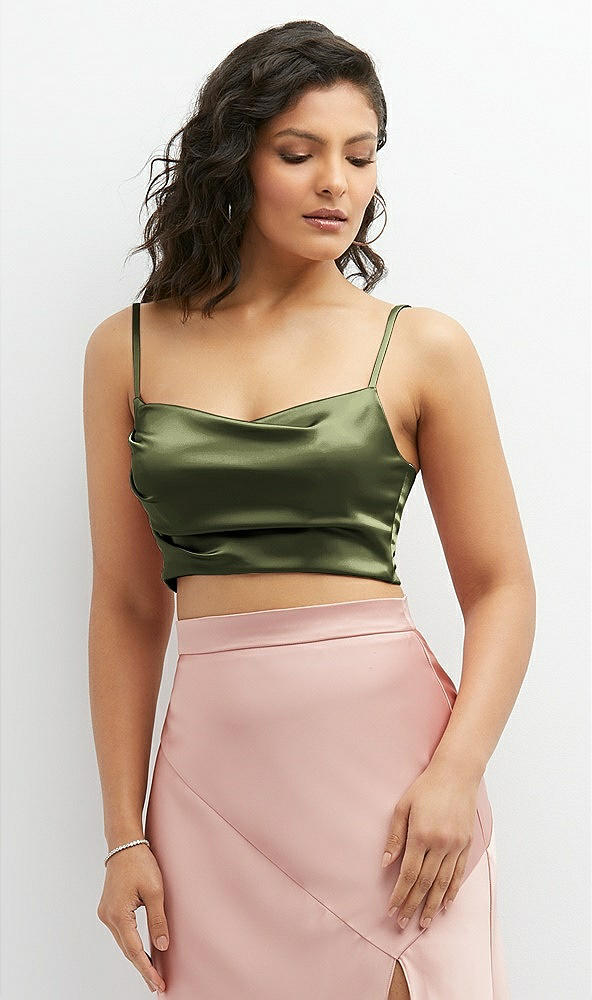 Front View - Olive Green Satin Mix-and-Match Draped Midriff Top