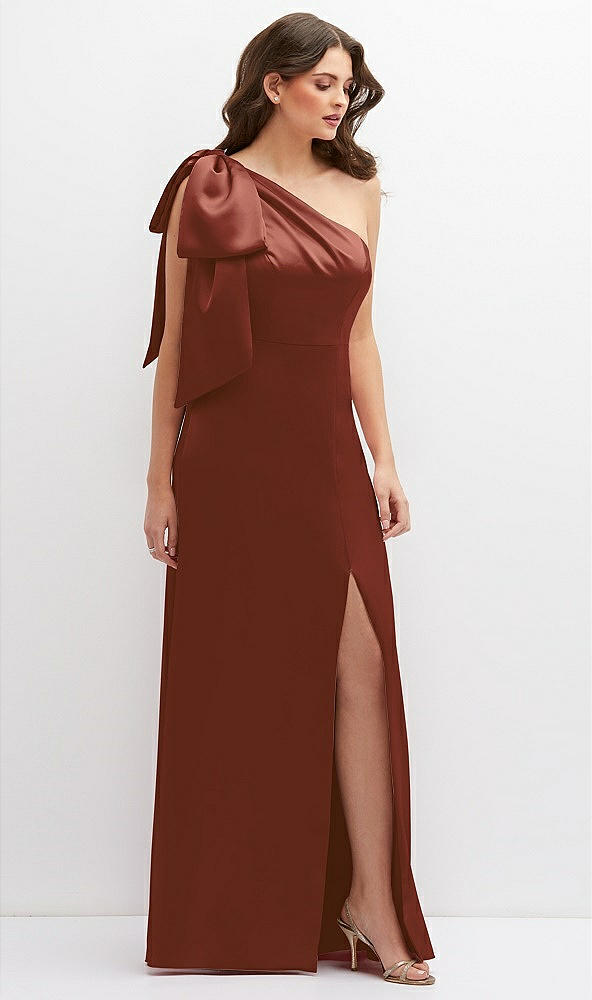 Front View - Auburn Moon One-Shoulder Satin Maxi Dress with Chic Oversized Shoulder Bow