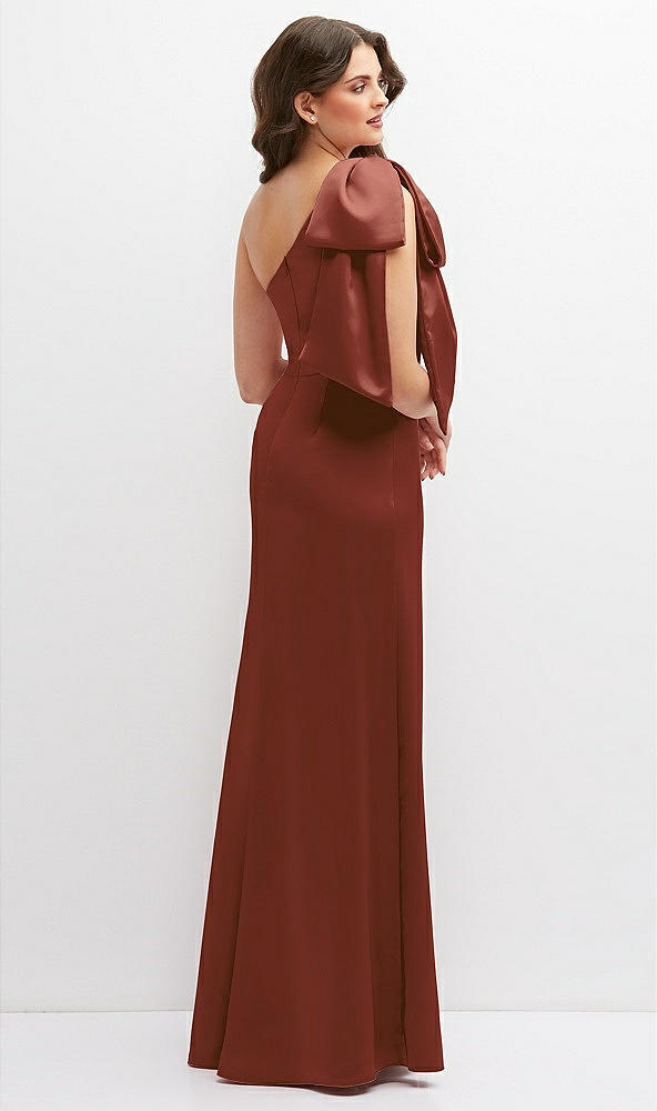 Back View - Auburn Moon One-Shoulder Satin Maxi Dress with Chic Oversized Shoulder Bow