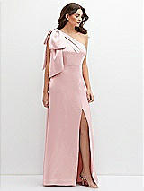 Front View Thumbnail - Ballet Pink One-Shoulder Satin Maxi Dress with Chic Oversized Shoulder Bow