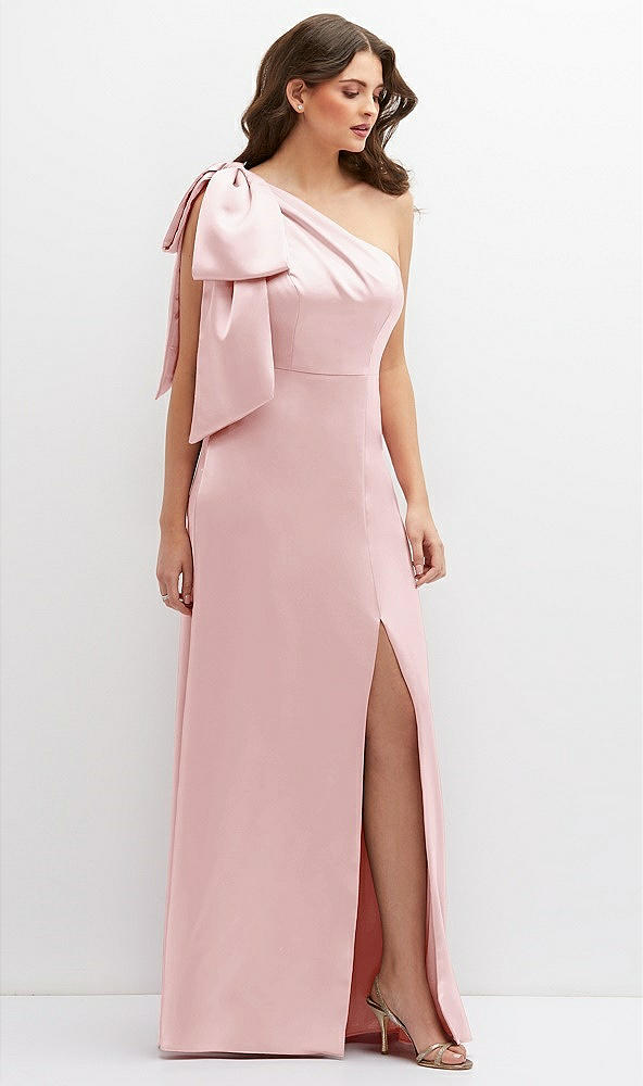 Front View - Ballet Pink One-Shoulder Satin Maxi Dress with Chic Oversized Shoulder Bow