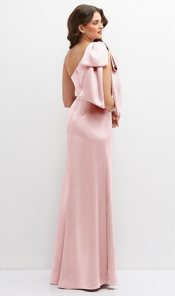 Back View - Ballet Pink One-Shoulder Satin Maxi Dress with Chic Oversized Shoulder Bow