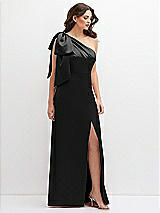 Front View Thumbnail - Black One-Shoulder Satin Maxi Dress with Chic Oversized Shoulder Bow